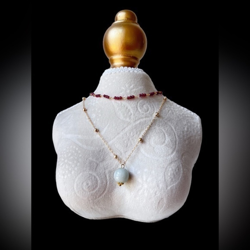 - - 14K GP  Garnet & Jade Necklace